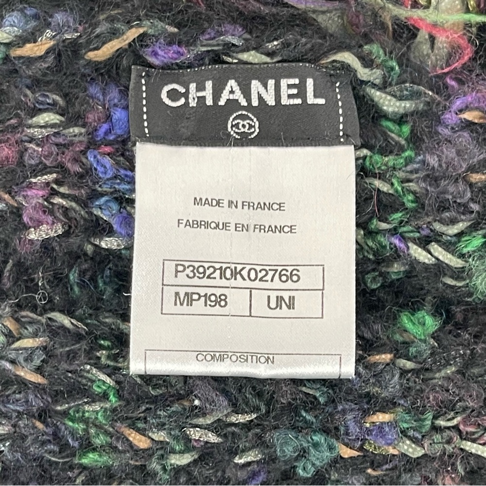 CHANEL Multicolor Mohair Wool Fringe Scarf with CC Logo Plaque (Made‎ in France) - Picture 5 of 9